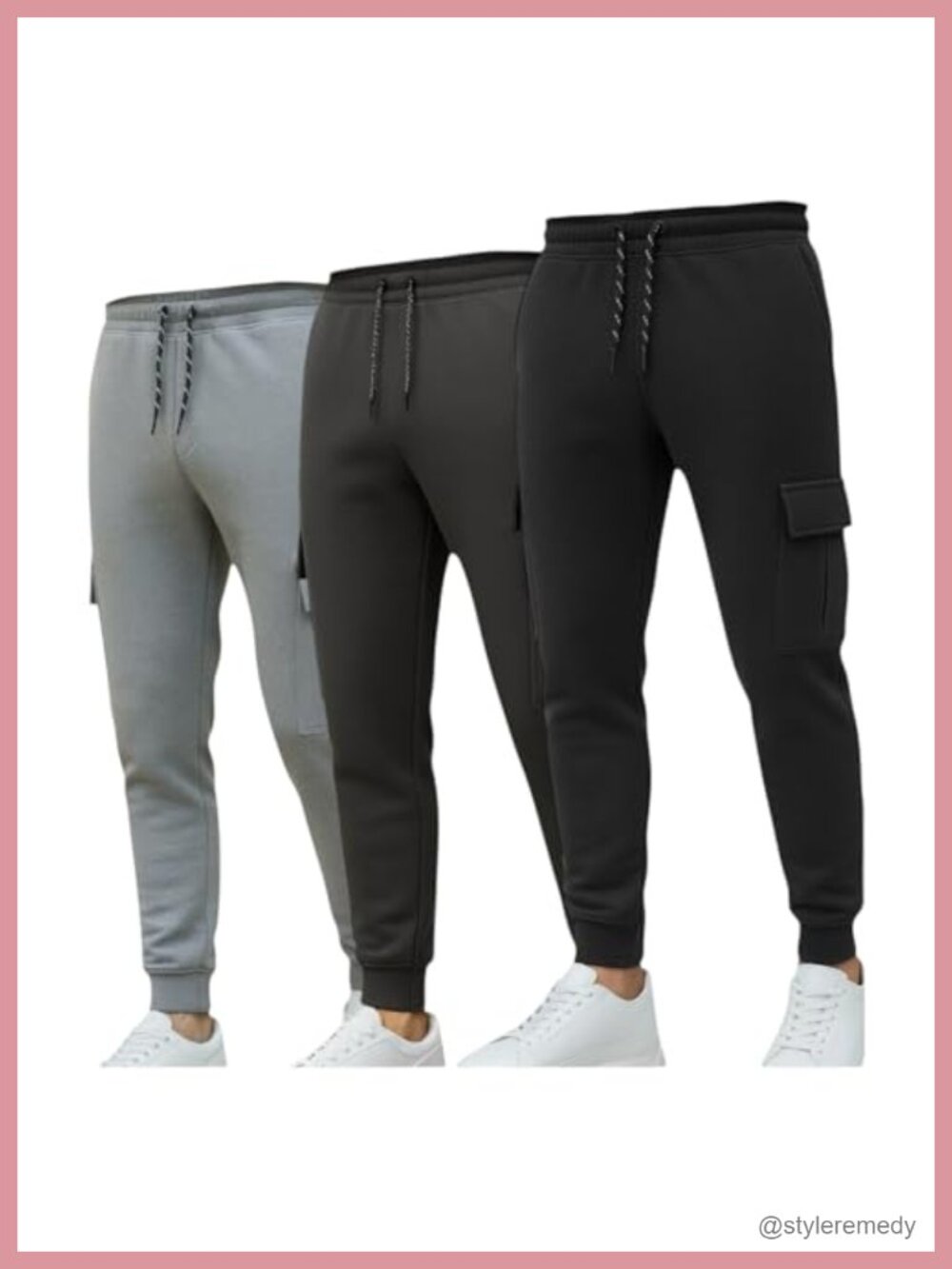Fleece Cargo Jogger Sweatpants for Men - 3 Pack, Adjustable Drawstring, Ribbed